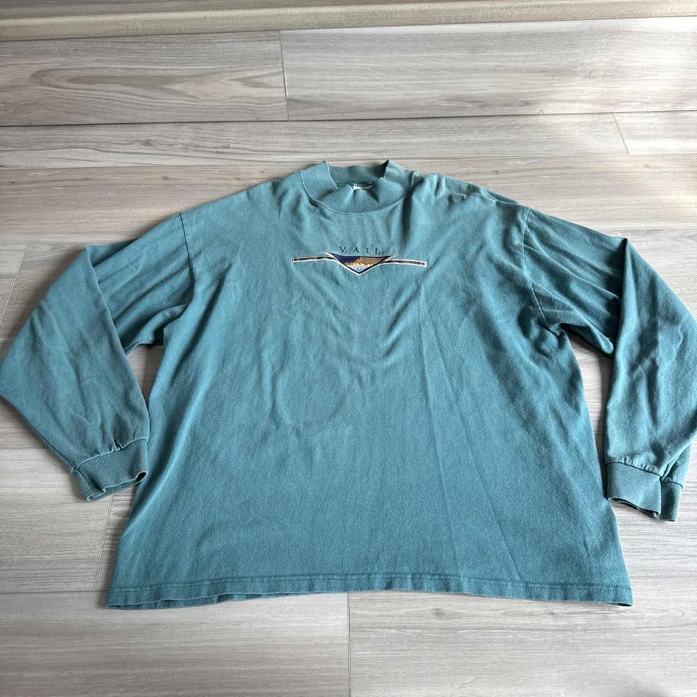 Vintage VAIL Turtleneck Ski Shirt Mens XL Teal Green Cotton Deluxe Turtle Neck